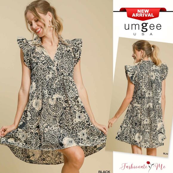 Umgee Printed Ruffle Sleeves Collared Neck Tiered Babydoll Mini Dress | Black - Picture 1 of 6